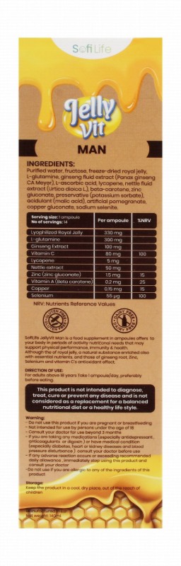 Sofi Life Jelly Vit Man 330mg Lyophilized Royal Jelly & 300mg L-glutamine Physical Performance & Immunity System Support Supplement Ampoules Pomegranate Flavor with Ginseng, Nettle & Lycopene - gluten free, dairy free