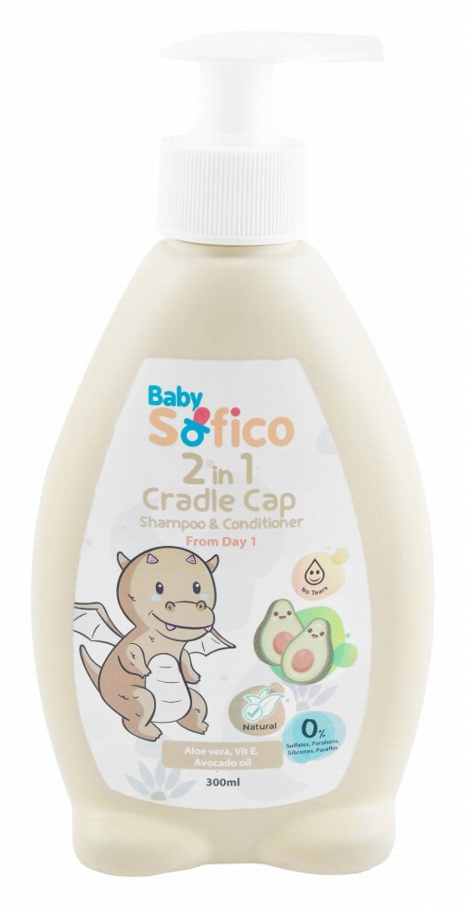 Sofico Baby 2in1 Cradle Cap Shampoo & Conditioner Avocado Scent with Aloe Vera & Vitamin E - sulfate free, parabens free, silicones free