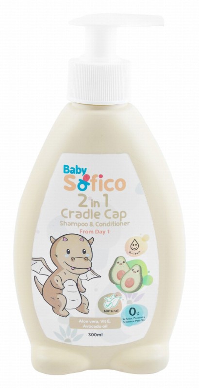 Sofico Baby 2in1 Cradle Cap Shampoo & Conditioner Avocado Scent with Aloe Vera & Vitamin E - sulfate free, parabens free, silicones free