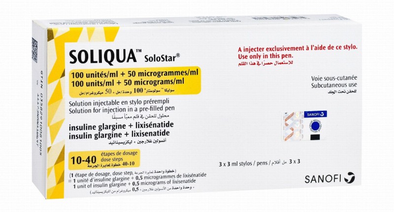 Soliqua 100 IU/ml Insulin Glargine Plus 50mcg/ml Lixisenatide Pre-Filled Solution Pen for Injection