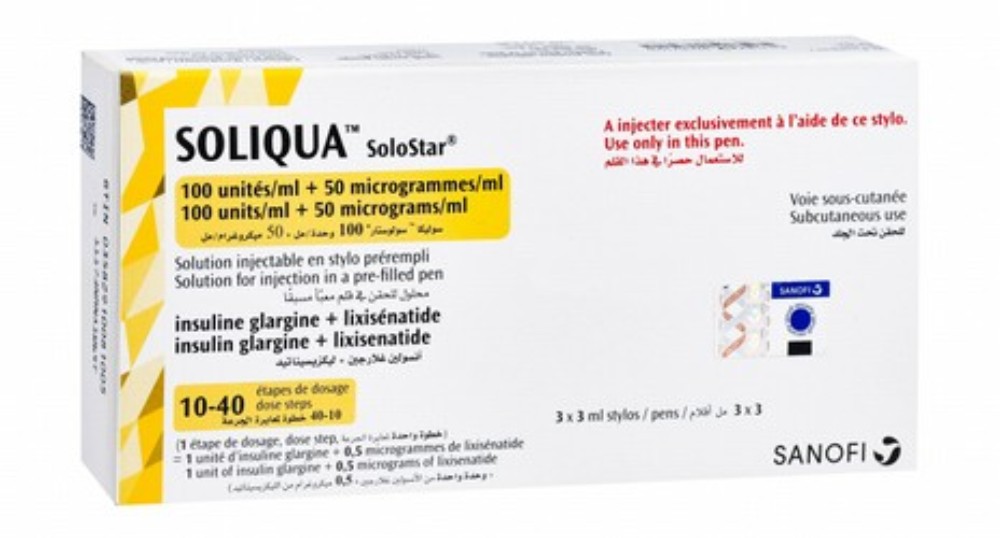 Soliqua 100 IU/ml Insulin Glargine Plus 50mcg/ml Lixisenatide Pre-Filled Solution Pen for Injection