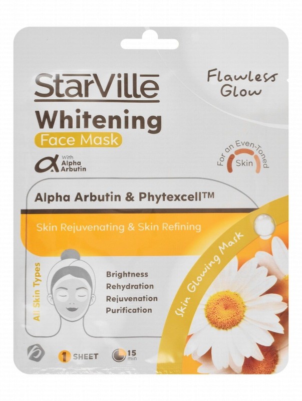 StarVille Flawless Glow Whitening, Brightening & Rejuvenating Facial Sheet Mask with Alpha Arbutin & Phytexcell for All Skin Types