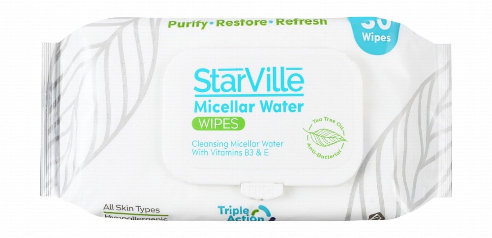 StarVille Hypoallergenic Antibacterial Cleansing, Purifying & Refreshing Micellar Water Wet Wipes with Vitamin B3, E & Tea Tree Oil for All Skin Types