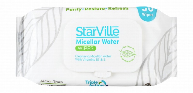 StarVille Hypoallergenic Antibacterial Cleansing, Purifying & Refreshing Micellar Water Wet Wipes with Vitamin B3, E & Tea Tree Oil for All Skin Types