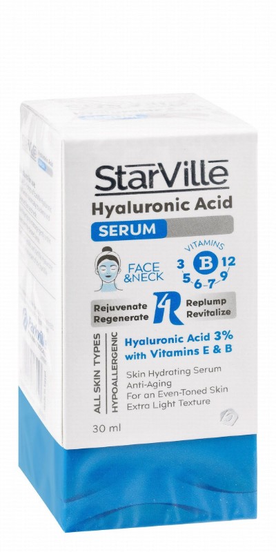 StarVille Hypoallergenic Hydrating, Rejuvenating & Anti-Aging Face Serum with Hyaluronic Acid, Vitamin E & B for All Skin Types