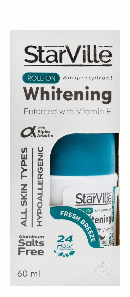 StarVille Hypoallergenic Whitening & Antiperspirant Roll-On Deodorant Fresh Breeze Scent with Vitamin E for All Skin Types - aluminum salts free