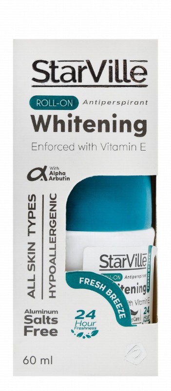 StarVille Hypoallergenic Whitening & Antiperspirant Roll-On Deodorant Fresh Breeze Scent with Vitamin E for All Skin Types - aluminum salts free