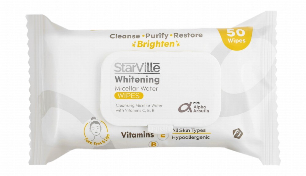 StarVille Hypoallergenic Whitening, Purifying & Restoring Micellar Water Wipes with Alpha Arbutin, Vitamin B & E for All Skin Types