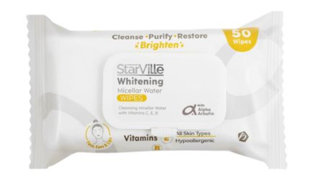 StarVille Hypoallergenic Whitening, Purifying & Restoring Micellar Water Wipes with Alpha Arbutin, Vitamin B & E for All Skin Types