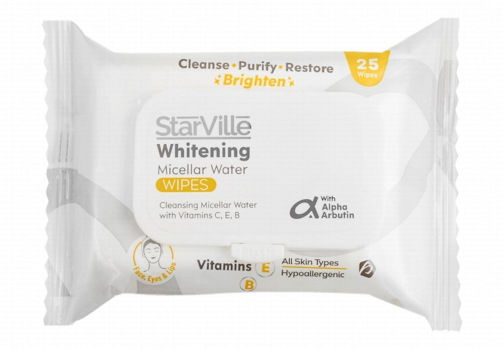 StarVille Hypoallergenic Whitening, Purifying & Restoring Micellar Water Wipes with with Alpha Arbutin, Vitamin B & E for All Skin Types