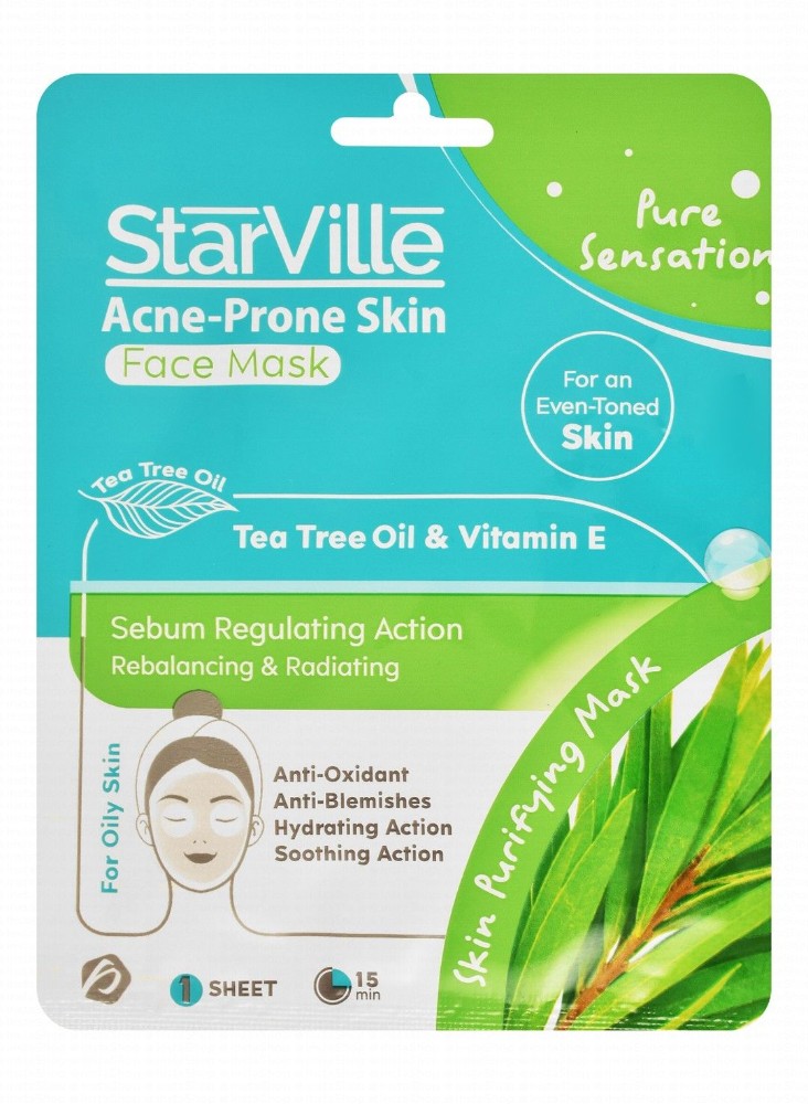 StarVille Pure Sensation Sebum Regulating, Rebalancing & Radiating Facial Sheet Mask with Tea Tree Oil & Vitamin E for Oily & Acne-Prone Skin