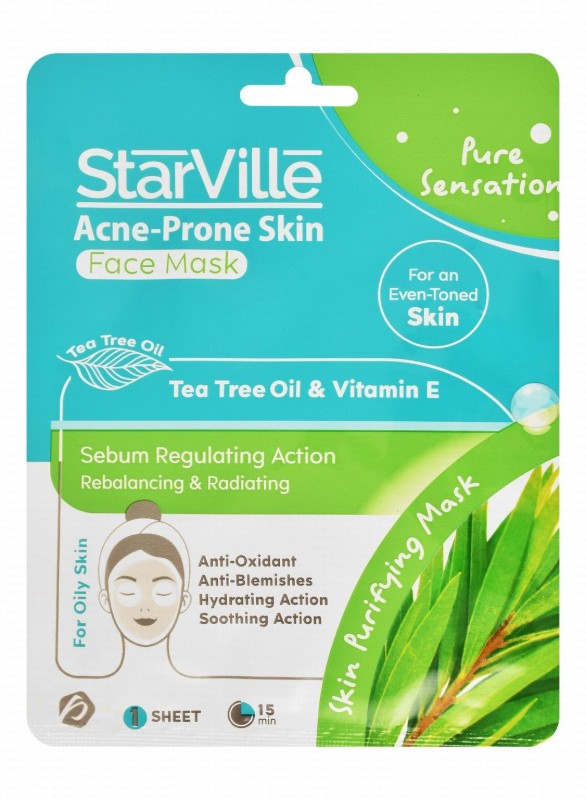StarVille Pure Sensation Sebum Regulating, Rebalancing & Radiating Facial Sheet Mask with Tea Tree Oil & Vitamin E for Oily & Acne-Prone Skin