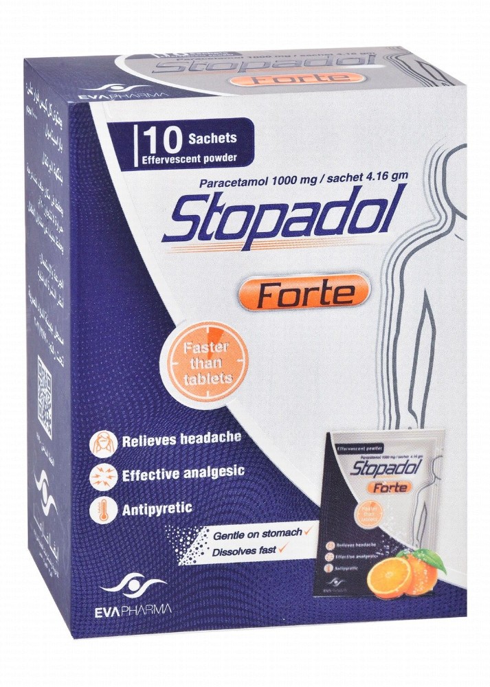 Stopadol Forte 1000mg Paracetamol Effervescent Powder Sachets Orange Flavor