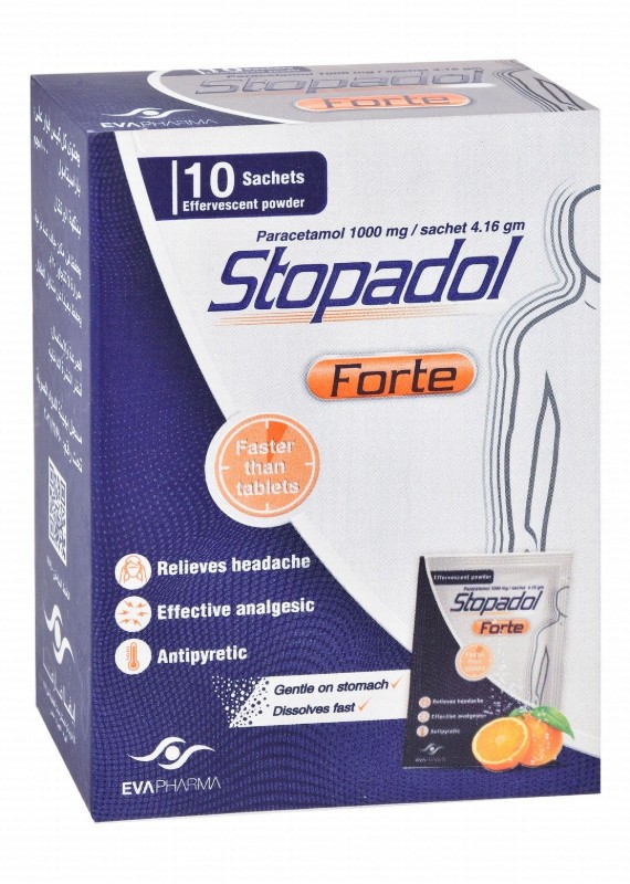 Stopadol Forte 1000mg Paracetamol Effervescent Powder Sachets Orange Flavor