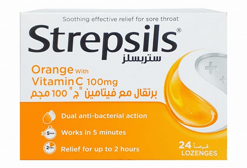 Strepsils Antibacterial Lozenges Orange Flavor with Vitamin C for Sore Throat