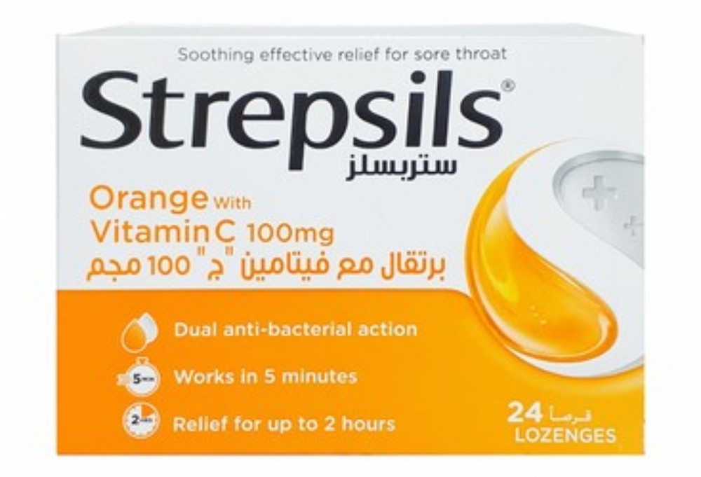 Strepsils Antibacterial Lozenges Orange Flavor with Vitamin C for Sore Throat