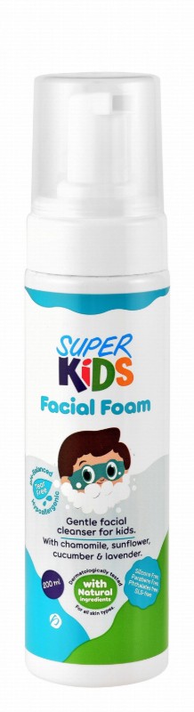 Super Kids Hypoallergenic Facial Foam with Chamomile, Sunflower, Cucumber & Lavender Extracts for All Skin Types - tear free, silicone free, parabens free