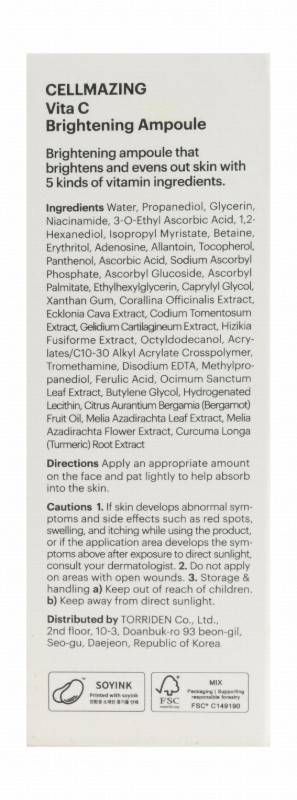 Torriden Cellmazing Brightening & Blemish Toning Facial Ampoule with Vitamin C5 Complex - animal ingredients free