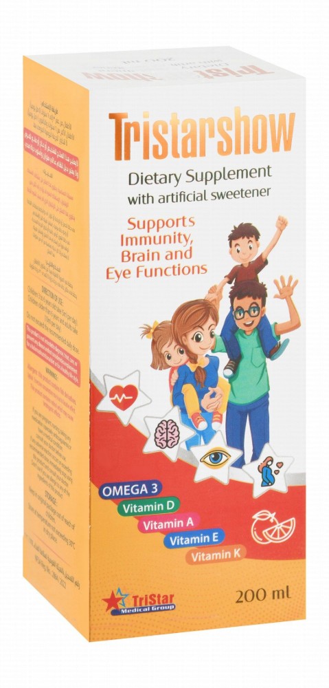 Tristarshow Omega 3 Immunity, Brain & Eye Functions Support Liquid Supplement Orange Flavor with Vitamins D, A & E