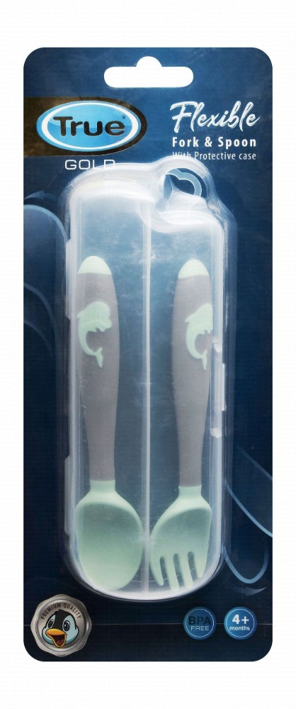 True Baby Green & Gray Flexible Plastic Fork & Spoon with Case (4+ Months) - BPA free