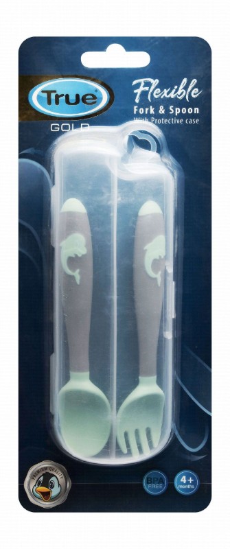 True Baby Green & Gray Flexible Plastic Fork & Spoon with Case (4+ Months) - BPA free