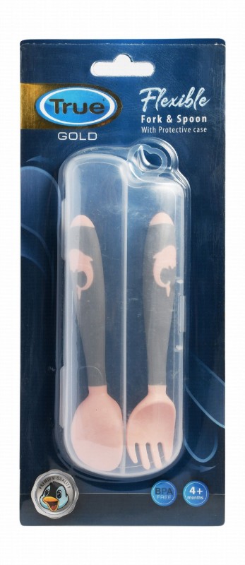 True Gold Gray & Pink Flexible Fork & Spoon with Case (4+ Months) - BPA free