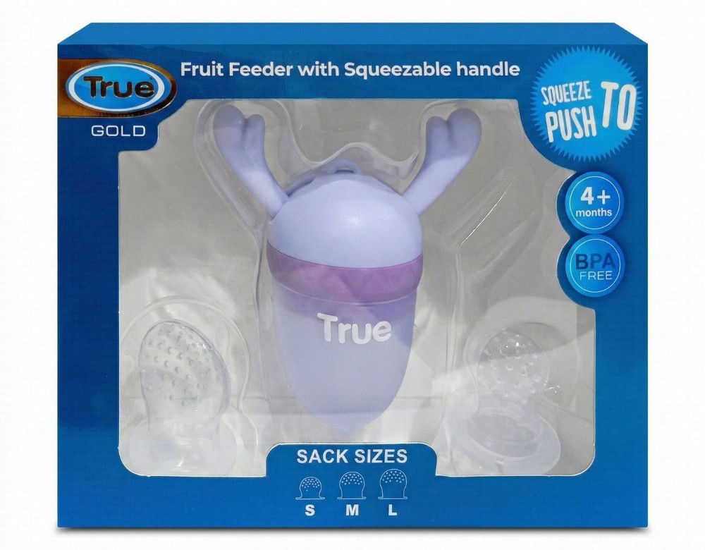 True Gold Purple Fruit Feeder with Squeezable Handle & 3 Assorted Sacks (4+ Months) - BPA free