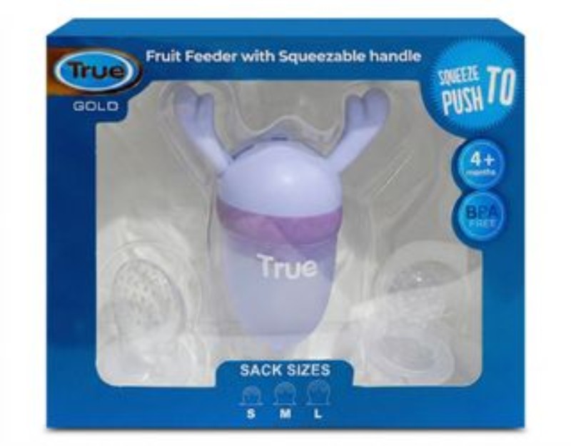 True Gold Purple Fruit Feeder with Squeezable Handle & 3 Assorted Sacks (4+ Months) - BPA free