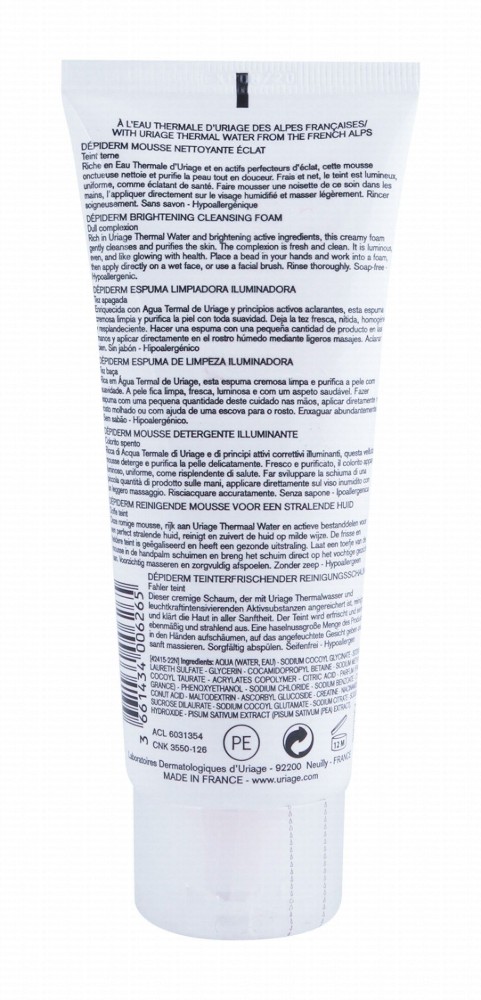 Uriage Eau Thermale Depiderm Brightening, Unifying & Iluminating Cleansing Foam Cream with Vitamin C & Thermal Water for All Skin Types