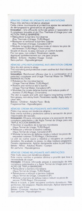 Uriage Eau Thermale Xemose Hypoallergenic Non-Greasy Replenishing, Nourishing & Anti-Irritating Cream Very Dry & Atopic Skin - fragrance free
