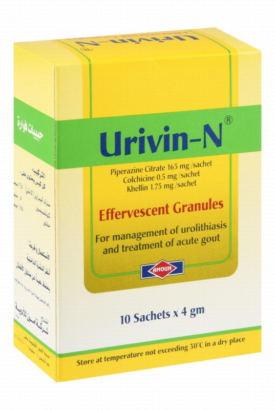 Urivin-N 165mg Piperazine Citrate, 0.5mg Colchicine & 1.75mg Khellin Effervescent Granules