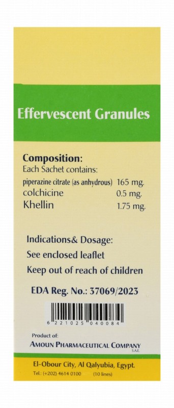 Urivin-N 165mg Piperazine Citrate, 0.5mg Colchicine & 1.75mg Khellin Effervescent Granules