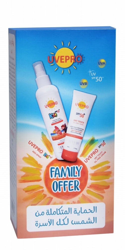 Uvepro Non-Greasy Sunscreen Spray for Kids with Fragile Skin SPF50+ (200ml) & Uvepro Dry Touch Non-Greasy Sunscreen for Oily & Combination Skin SPF50+ - oil free (50ml) (Family Offer)