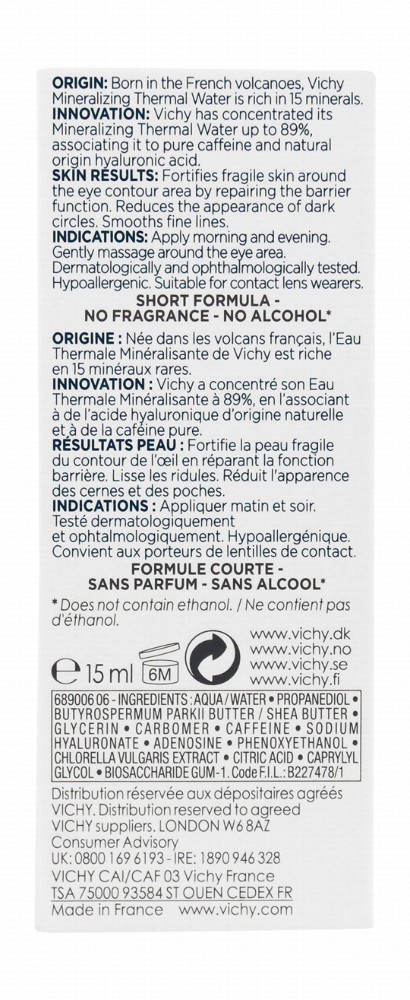 Vichy Mineral 89 Hypoallergenic Repairing & Fortifying Eye Serum with Hyaluronic Acid & Caffeine - alcohol free, fragrance free