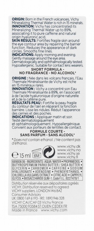Vichy Mineral 89 Hypoallergenic Repairing & Fortifying Eye Serum with Hyaluronic Acid & Caffeine - alcohol free, fragrance free