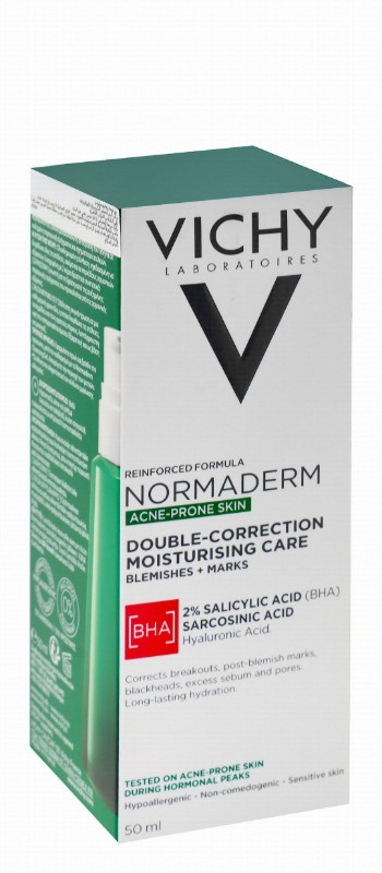 Vichy Normaderm Hypoallergenic 2% Salicylic Acid Facial Moisturizer with Sarcosinic & Hyaluronic Acid for Sensitive & Acne-Prone Skin - non comedogenic