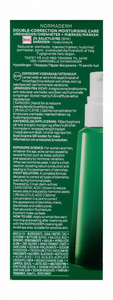 Vichy Normaderm Hypoallergenic 2% Salicylic Acid Facial Moisturizer with Sarcosinic & Hyaluronic Acid for Sensitive & Acne-Prone Skin - non comedogenic
