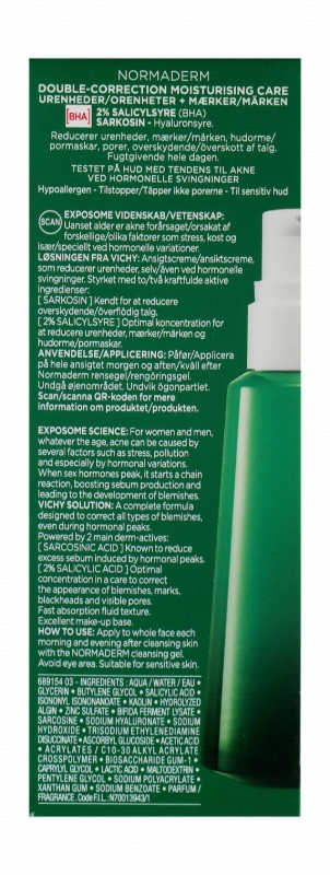 Vichy Normaderm Hypoallergenic 2% Salicylic Acid Facial Moisturizer with Sarcosinic & Hyaluronic Acid for Sensitive & Acne-Prone Skin - non comedogenic