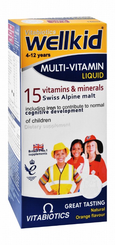 Vitabiotics Wellkid Multivitamin & Mineral Cognitive Support Liquid Supplement Orange Flavor (4-12 Years) - dairy free, alcohol free, lactose free