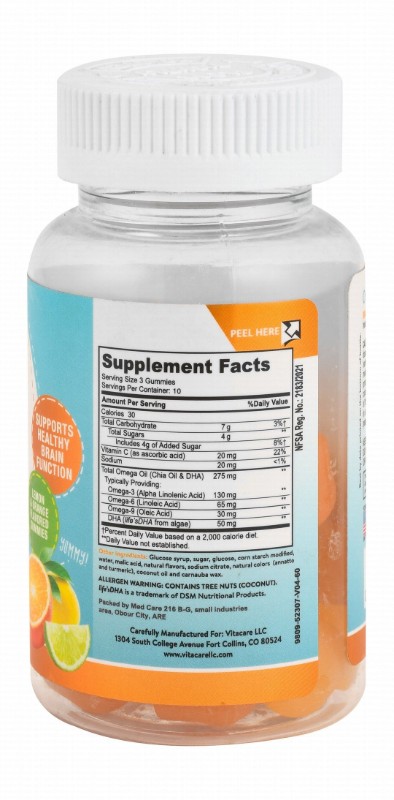 Vitacare 275mg Omega Plus DHA Immunity & Brain Health Support Gummy Supplements Lemon & Orange Flavor - gluten free
