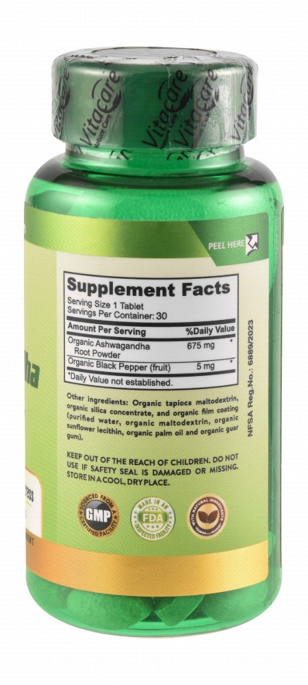Vitacare 675mg Organic Ashwagandha Anti-Stress & Antioxidant Supplement with Black Pepper