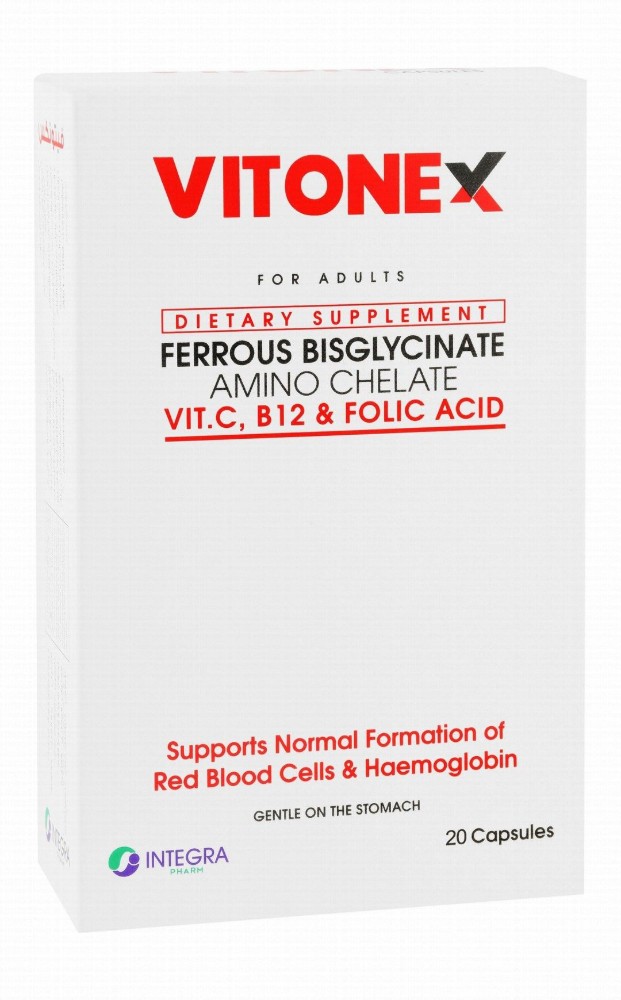 Vitonex Ferrous Bisglycinate Amino Chelate Supplement with Folic Acid, Vitamin C & B12 for Red Blood Cells Formation & Haemoglobin