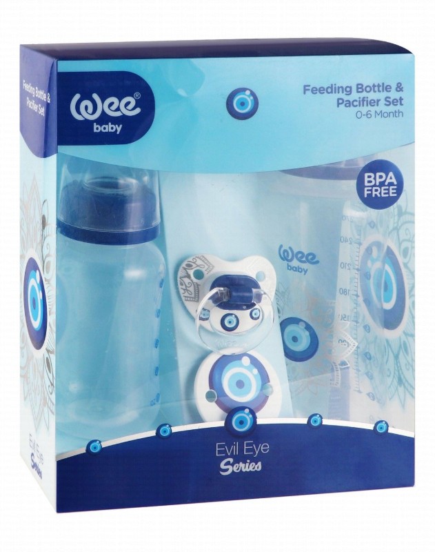 Wee Baby Evil Eye Series Blue Feeding Bottle & Pacifier Set (0-6 Months) - BPA free
