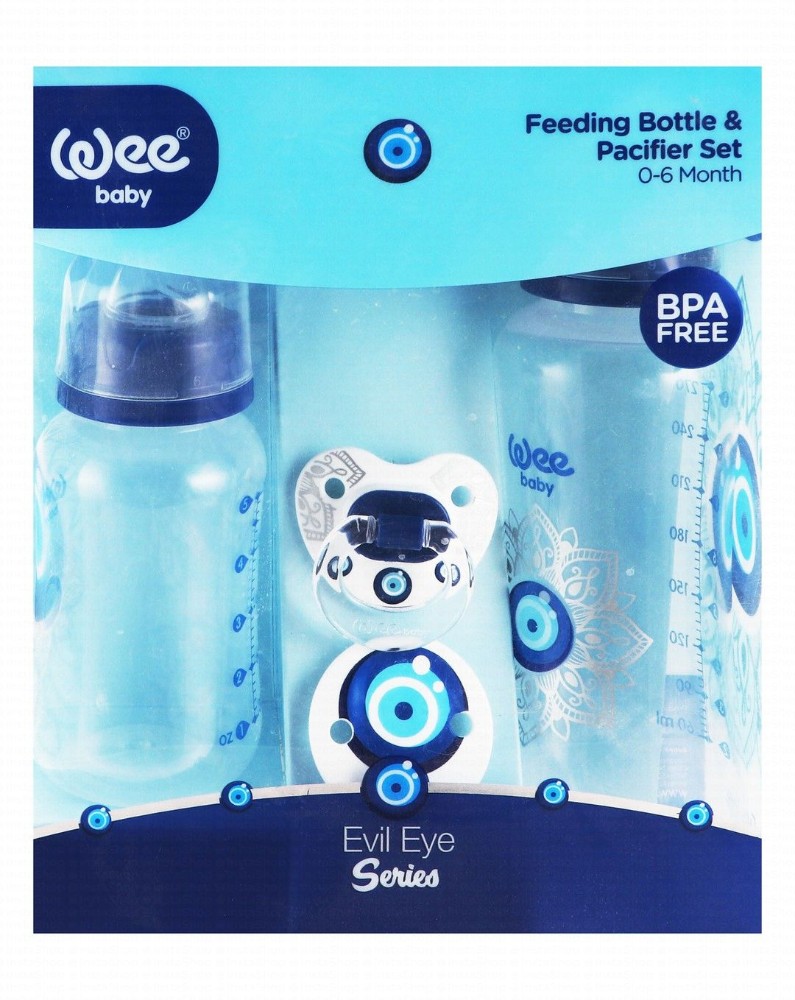 Wee Baby Evil Eye Series Blue Feeding Bottle & Pacifier Set (0-6 Months) - BPA free