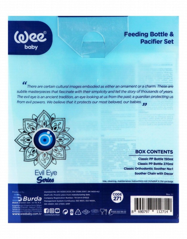 Wee Baby Evil Eye Series Blue Feeding Bottle & Pacifier Set (0-6 Months) - BPA free