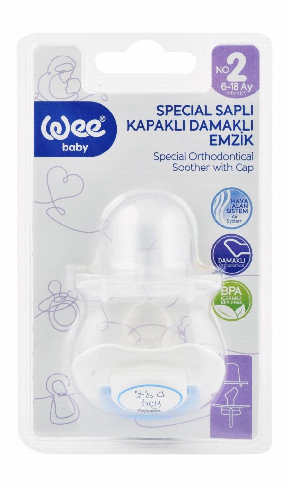 Wee Baby White & Blue Orthodontic Soother with Cap Stage 2 (6-18 Months) - BPA free