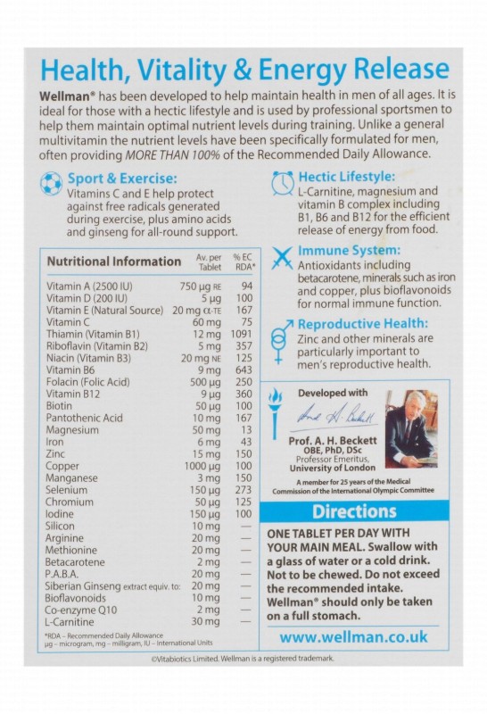 Wellman Original Health, Vitality & Energy Release Men Supplement with Co-Q10, Amino Acids & L-Carnitine - yeast free, gluten free, animal testing free