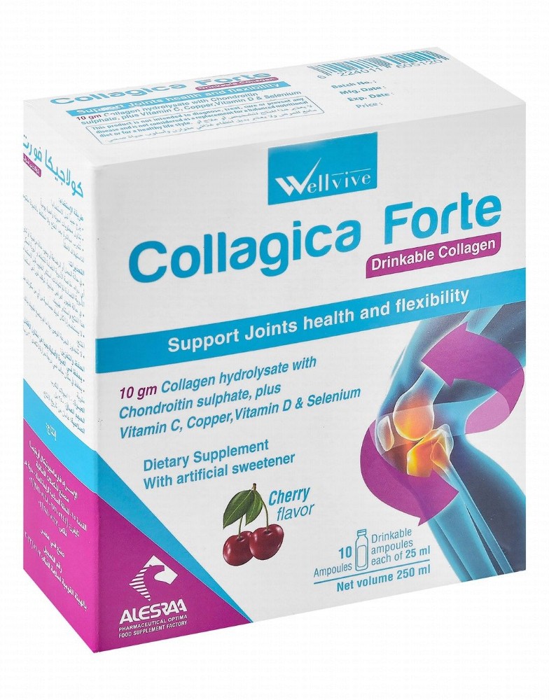 Wellvive Collagica Forte 10mg Collagen Hydrolysate Supplement Ampoules Cherry Flavor with Chondroitin Sulphate, Vitamin C & Copper