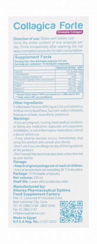 Wellvive Collagica Forte 10mg Collagen Hydrolysate Supplement Ampoules Cherry Flavor with Chondroitin Sulphate, Vitamin C & Copper
