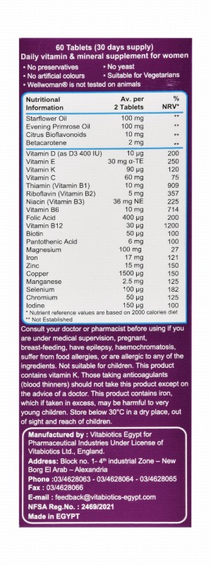 Wellwoman Original Health, Vitality & Wellbeing Support Supplement with Magnesium, Vitamin B6 & B12 - preservatives free, yeast free, artificial colors free